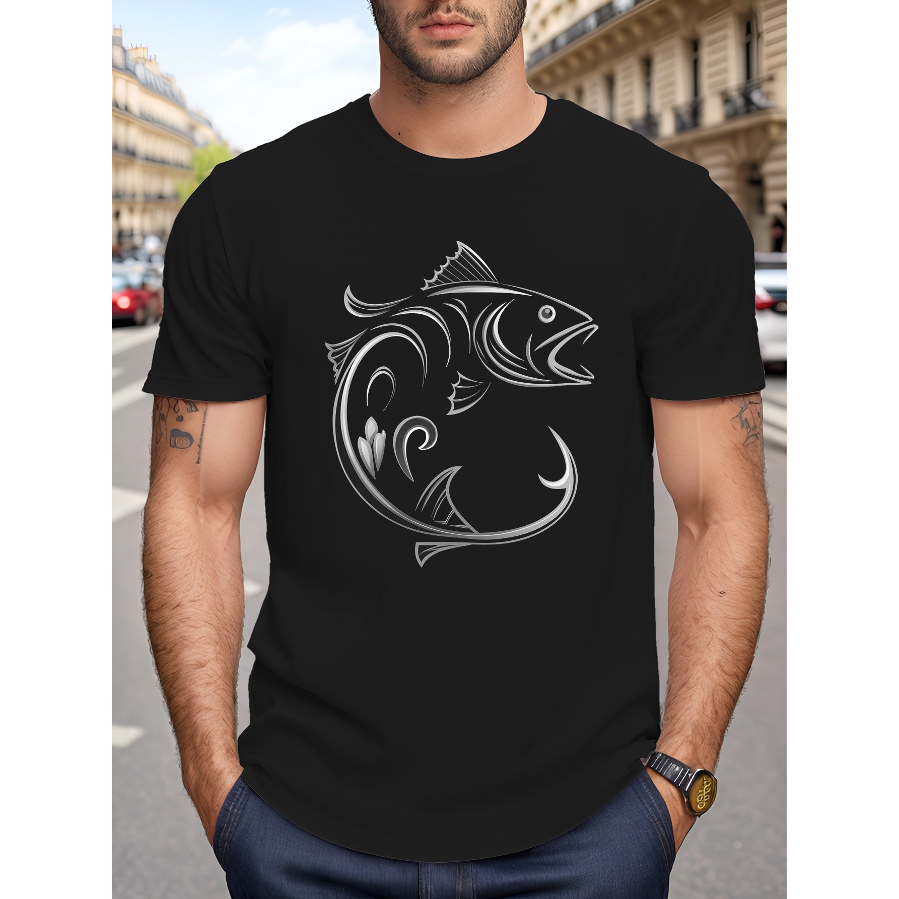 Men'S Fashion For Big Guys - Stylized Fish Graphic T-Shirt Men Casual