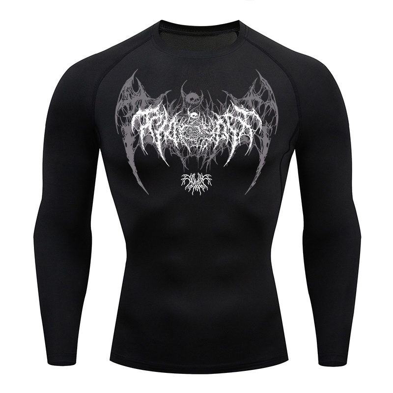 Skull Wings Print Long Sleeve  - đánh giá và giá Compression Shirt Workout