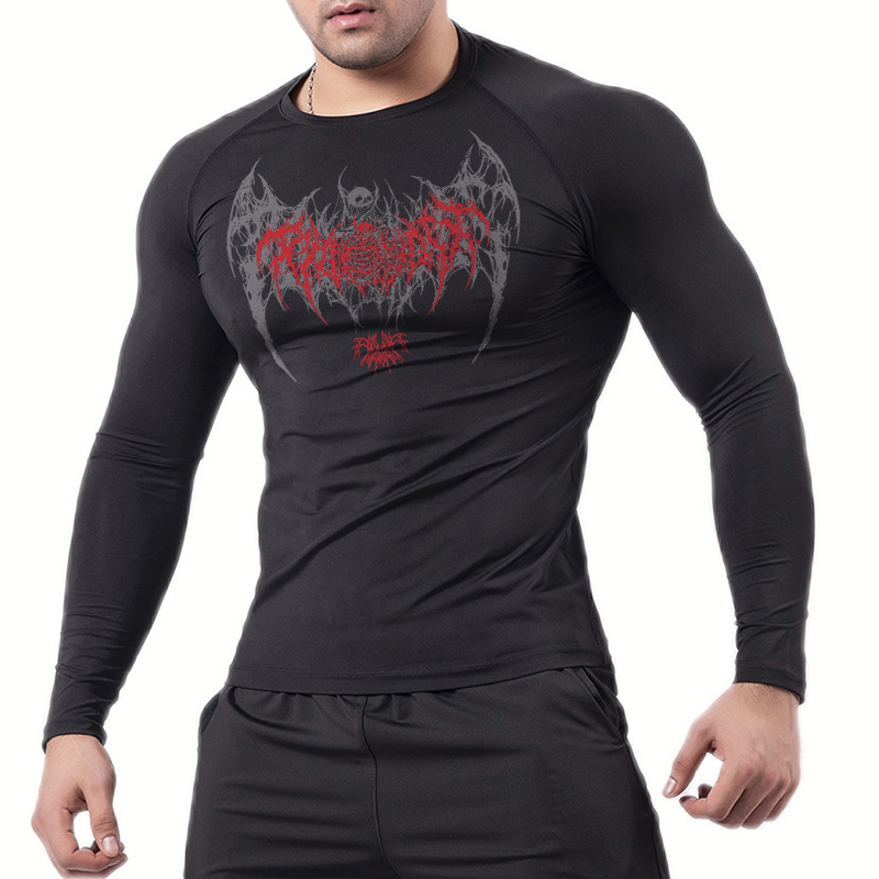 Skull Wings Print Long Sleeve  - đánh giá và giá Compression Shirt Workout