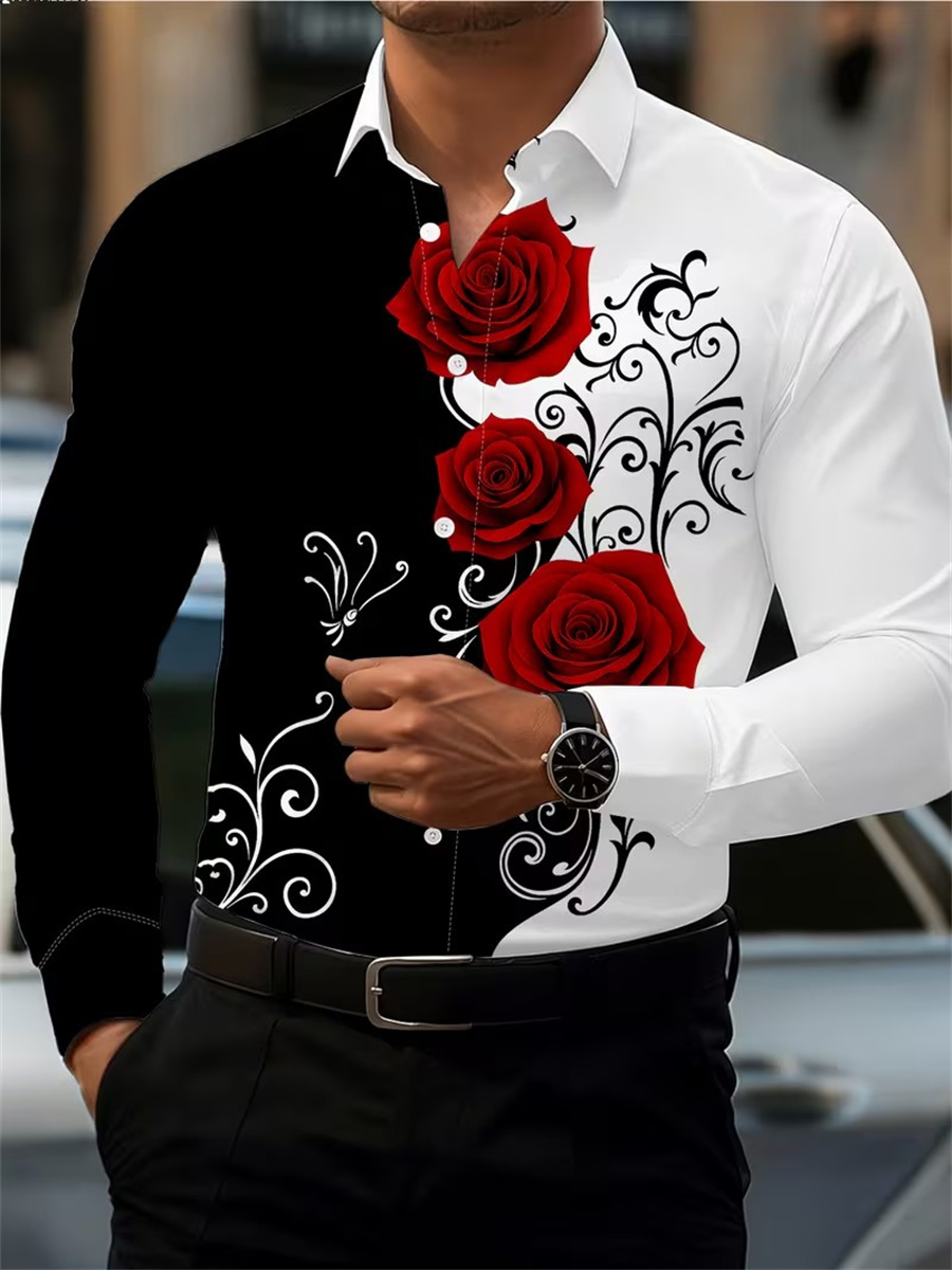 Men's Red Rose Print Long-Slee - đánh giá và giá Men'S Fashion Outfits