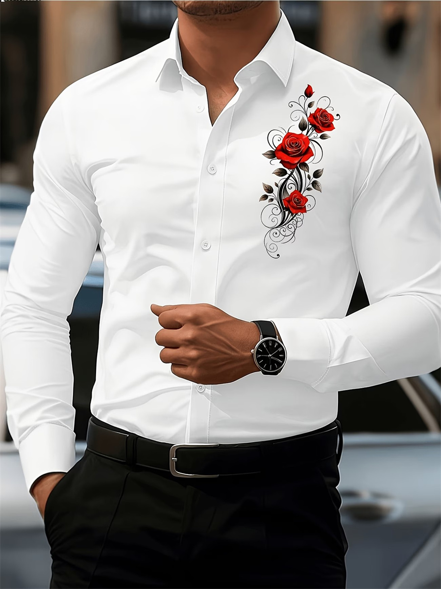 Men's Red Rose Print Long-Slee - đánh giá và giá Men'S Fashion Outfits
